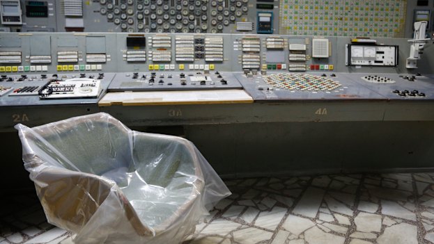 The empty control room of the shuttered Chernobyl nuclear power plant in Ukraine, now under control by Russian forces after a fierce battle in the radioactive exclusion zone.