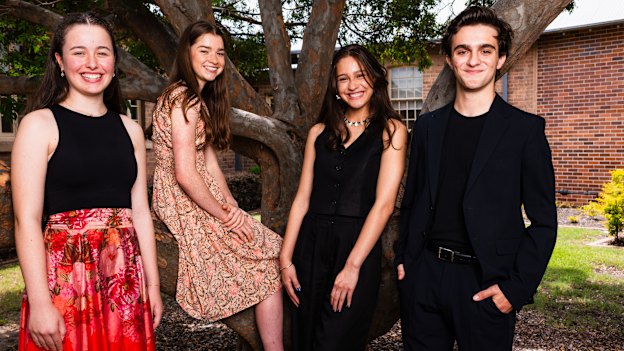 Gemma Stevenson (second from left) was First in Course in PDHPE in 2023. She is pictured with (from left) fellow First in Course students Annaliese Mustapic  of Kirrawee High for Dance; Kiana Levy of Turramurra High for Drama;  and Orlando Douglas-Giles also from Turramurra High for English Extension 2.