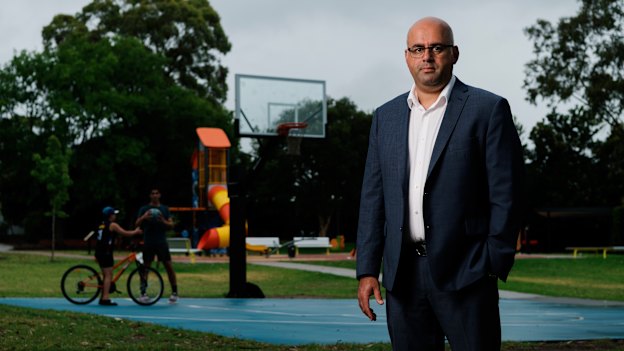Canterbury-Bankstown mayor Khal Asfour at Northcote Park in Greenacre, where basketball hoops were removed during lockdown.