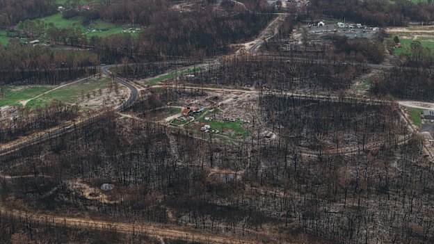 An aerial photo of bushfire affected areas south of Moruya taken from an MRH90 Taipan helcopter.