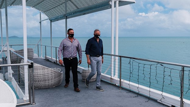 Feeling the tropical heat: Albanese with Labor candidate for Dawson, Shane Hamilton, at Coral Sea Resort at Airlie Beach. 

