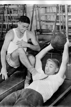 Australian tennis legends Ken Rosewall and Lew Hoad hit the gym in 1954.
