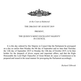 A notification from the Privy Council that the Queen has approved an order to prorogue Parliament. 