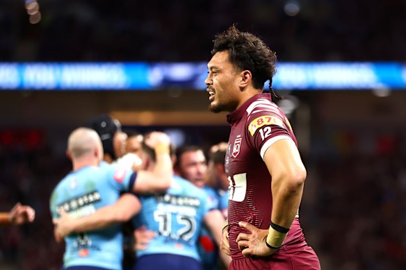 Jeremiah Nanai watches on after suffering defeat in the State of Origin series opener.