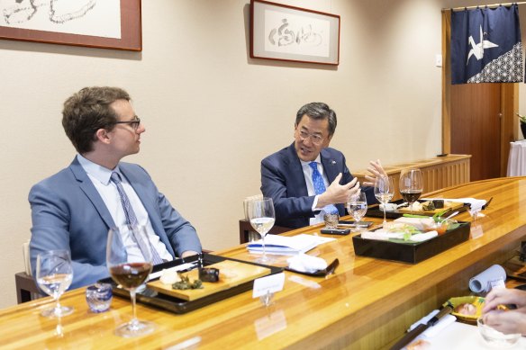 Journalist Matthew Knott interviews Japanese ambassador Shingo Yamagami.