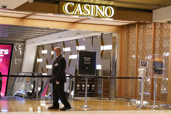 A security guard outside Crown Casino on Monday.