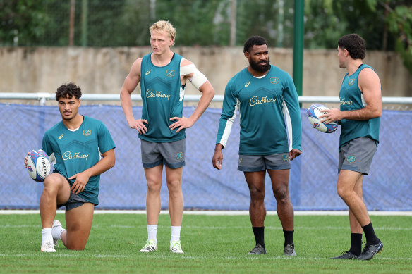 Jordan Petaia, Carter Gordon, Marika Koroibete and Ben Donaldson at training ahead of the crunch Wales clash.