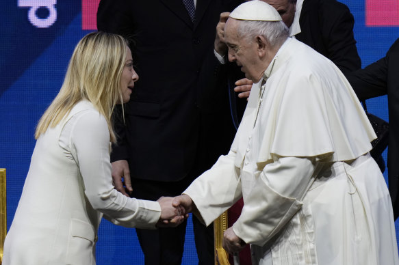 Pope Francis greets Italian prime minister Giorgia Meloni at the end of a conference to discuss the “demographic winter” and “empty cribs” problem Italy is facing. 