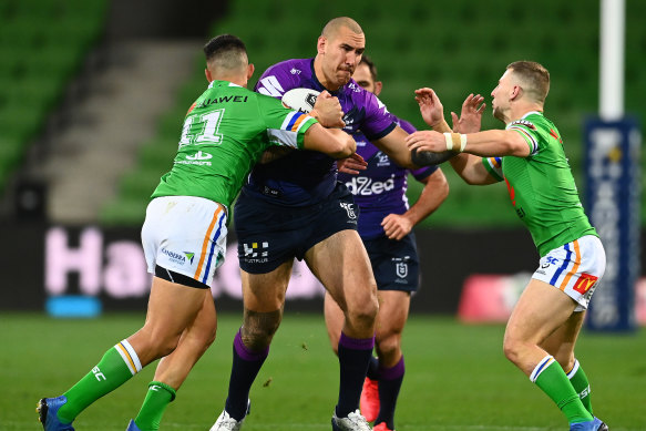 Nelson Asofa-Solomona was a constant threat for the Storm but the home side was unable to overcome the Raiders.