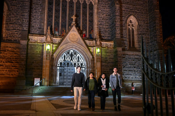 From left: Young worshippers Luca Maher, Kiara Perera, Gabriela Ponce Moya and Lachlan Rourke Holden at St Patrick’s Cathedral. 