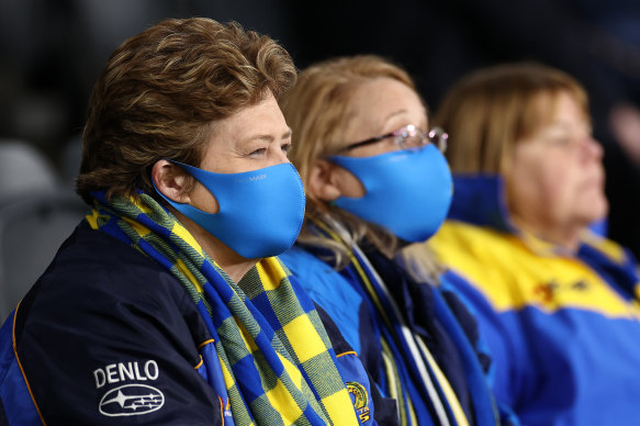 Eels fans mask up at the NRL match between Parramatta and Wests Tigers in Sydney on July 23.