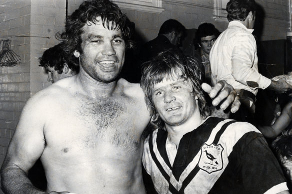 Arthur Beetson and Tommy Raudonikis in the dressing room after a game in 1974.