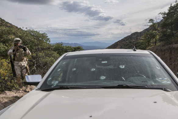 Bullet holes in the vehicle driven by Dawna Langford, who was killed along with two of her children in the ambush.