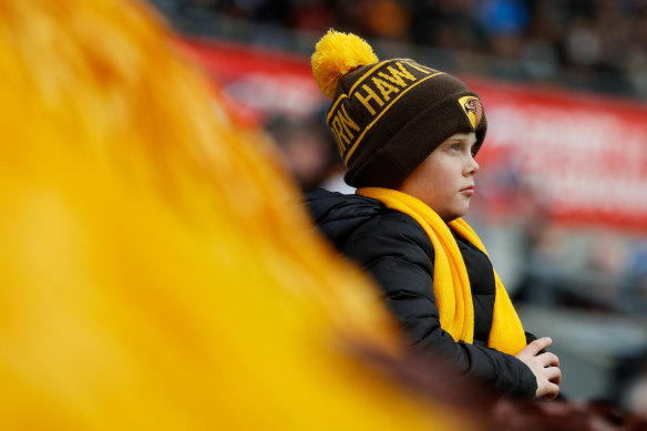 A young Hawthorn fan watches a match in Hobart last year.