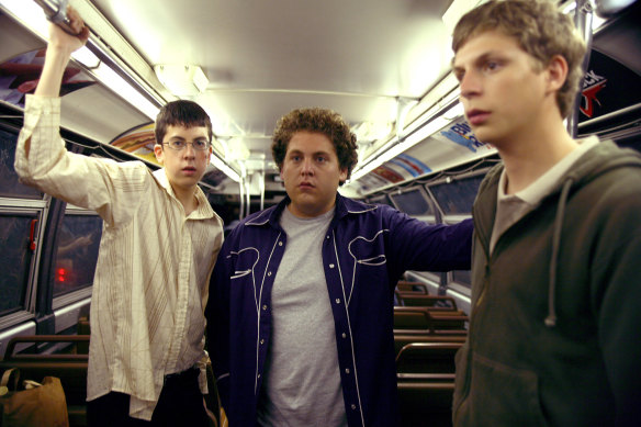 McLovin (Christopher Mintz-Plasse), Seth (Jonah Hill) and Evan (Michael Cera) in Superbad.