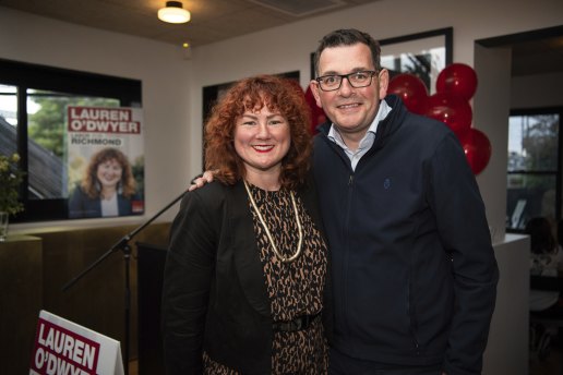 Lauren O’Dwyer with Premier Daniel Andrews at her campaign launch on Thursday night.