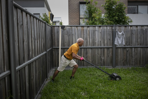 Om Dhungel tackles his back yard at Fairwater, Blacktown.