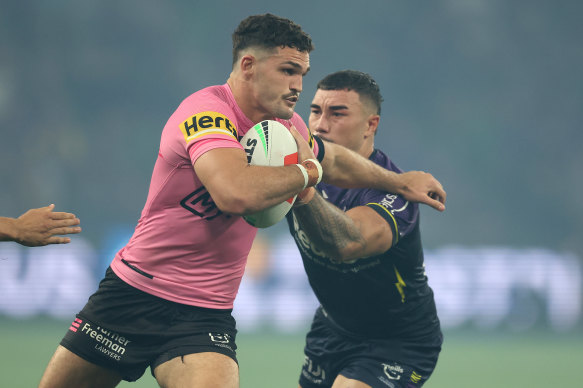 Nathan Cleary tries to beat the Panthers defence.