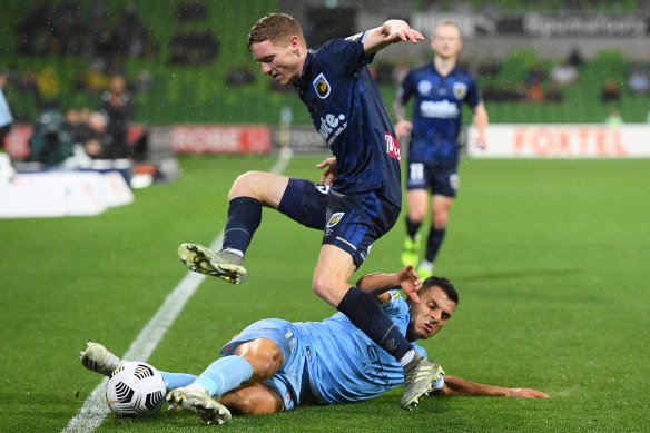 City’s Andrew Nabbout tackles Kye Rowles.