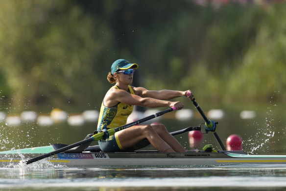 Tara Rigney competes in the women’s single sculls rowing quarter-final.