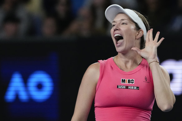 Danielle Collins taunts the Australian crowd following her win over Destanee Aiava.