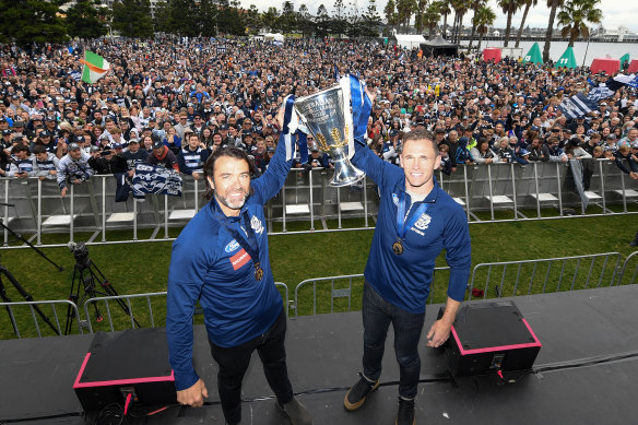 Chris Scott and Joel Selwood before the big crowd at the parade in Geelong.