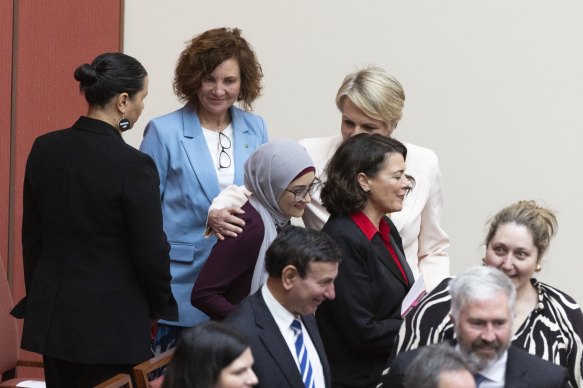 Senator Fatima Payman and Environment Minister Tanya Plibersek (partly obscured) at the swearing-in of Governor-General Sam Mostyn.