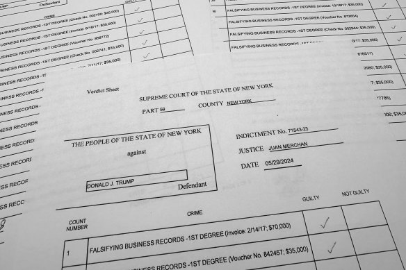 The verdict sheet in the trial of Donald Trump after a jury convicted him of felony crimes for falsifying business records in a scheme to illegally influence the 2016 election.