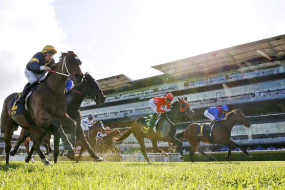 Hugh Bowman on Lost And Running (right) takes out the Premiere Stakes at Royal Randwick.