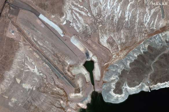 This July 27 satellite image provided  shows the low water level at the Boulder Harbor Launch Ramp at Lake Mead in Boulder City, Nevada.