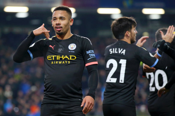 Gabriel Jesus celebrates Manchester City's second goal against Burnley.
