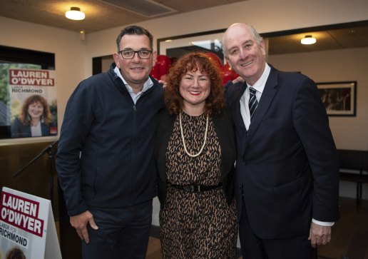 Premier Daniel Andrews, Labor candidate Lauren O’Dwyer, and retiring MP Richard Wynne at Labor’s campaign launch in the seat of Richmond on Thursday night.