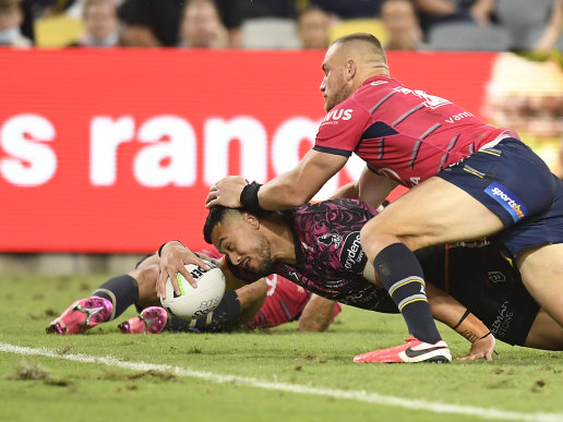 Rookie Tigers forward Kelma Tuilagi scores his first NRL try on Saturday night.
