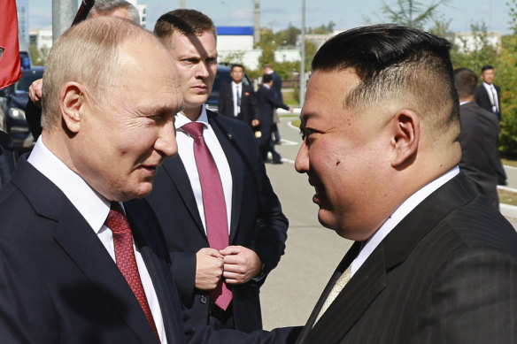 Russian President Vladimir Putin and North Korea’s leader Kim Jong-un meet at the Vostochny Cosmodrome last month.