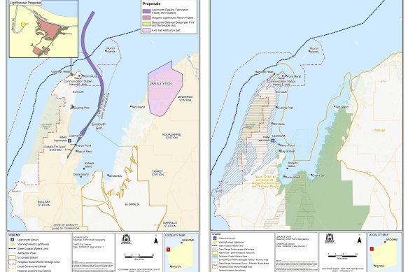 Maps of proposed industrial developments around Exmouth Gulf and a potential new national park on the eastern and southern boundaries. 