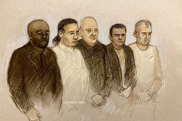 Sketsa pengadilan, kiri ke kanan, Norman Macksoni, Conner Sanderson Doyle, Richard Wilkins, Mohammed Hassan dan Dean Hamilton.