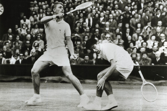 Lew Hoad and Ken Rosewall playing against Tony Trabert
and Vic Seixas in the semi-final doubles at Wimbledon, 1954.