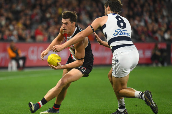 Jake Kolodjashnij, right, tackles Jack Steele during round nine.