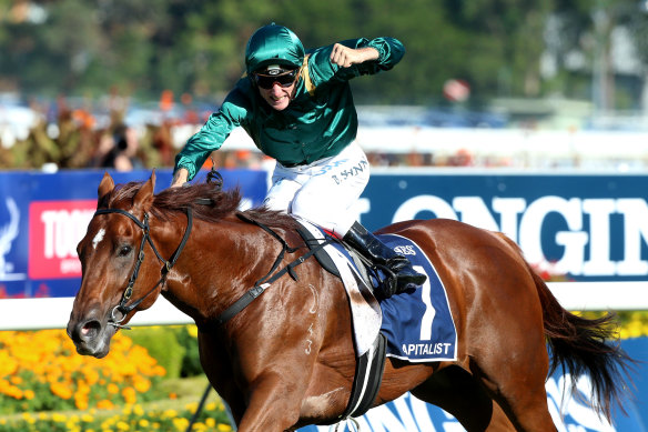 Capitalist, son of Written Tycoon, powers home to win the Golden Slipper at Rosehill in 2016.