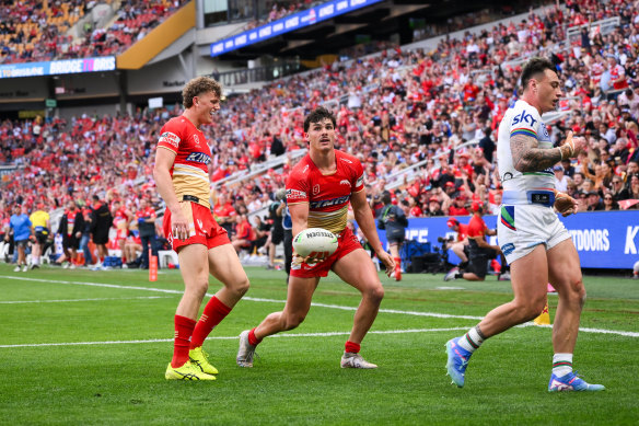 Herbie Farnworth celebrates one of his two tries against the New Zealand Warriors.