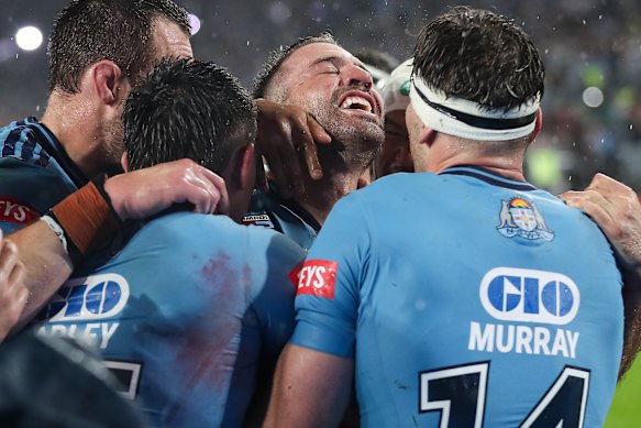 James Tedesco celebrates the match-winning try on Wednesday night.