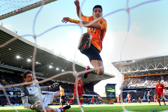 Raul Jimenez scores for Wolverhampton Wanderers at Norwich on Sunday.