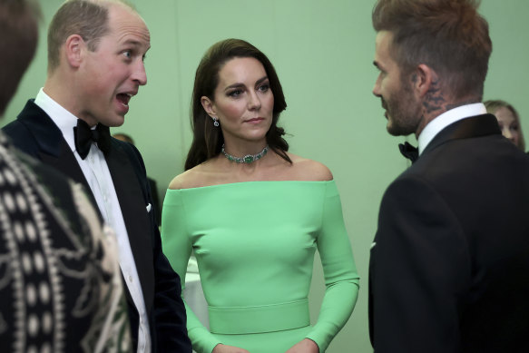 The Prince and Princess of Wales chat with David Beckham at the Earthshot Prize.