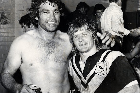 Arthur Beetson and Tommy Raudonikis in the dressing room at the SCG after an Easts v Wests match  in 1974.