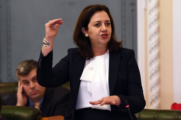 Queensland Premier Annastacia Palaszczuk gestures during question on Thursday