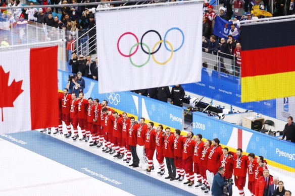 White flag: Russian athletes were forced to celebrate their men's ice hockey gold medal under the Olympic banner at the 2018 Winter Olympic Games.