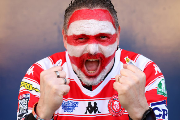 A Wigan Warriors fan outside the DW Stadium.