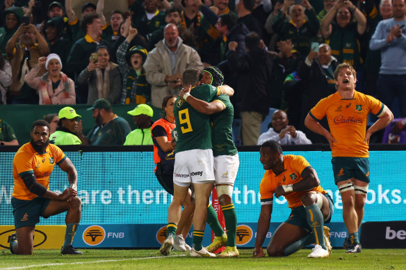 South Africa’s Kurt-Lee Arendse celebrates scoring their third try against Australia.