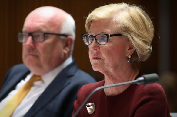 Gillian Triggs and former senator George Brandis (later High Commissioner to the UK from 2018 to 2022) during budget estimates at Parliament House in May 2017.