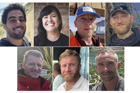 The aid workers killed in the strike (clockwise from top left): Palestinian Saifeddin Issam Ayad Abutaha, Lalzawmi “Zomi” Frankcom of Australia, Damian Soból of Poland, and Jacob Flickinger of the US and Canada, and James Kirby, James Henderson and John Chapman of Britain.